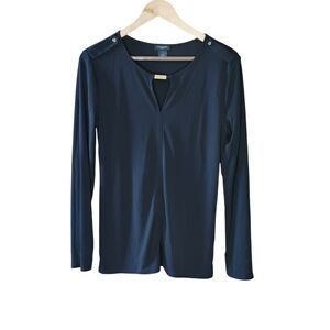 Ann Taylor Black Long-Sleeve V-Neck Top with Shoulder Buttons Sz M